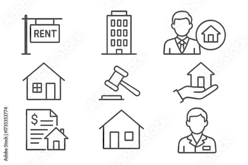 Real estate business line icon set. Property investment and housing symbols. Realtor, rent sign, building, house, mortgage contract, and auction. Vector pictogram collection.