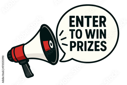 Megaphone with Enter to Win Prizes speech bubble. Loudspeaker for contest, giveaway, sweepstakes announcement. Marketing advertising promotion banner. Winner lucky draw concept.