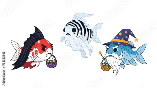 Enchanted Fishes with Easter Basket: Animated, a whimsical scene unfolds, featuring three extraordinary fishes ready for Easter. One dons an angry expression, another is a mystical ghost.
