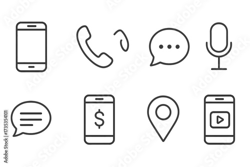 Mobile phone web icons collection in thin line style. Vector set of smartphone, call, chat, voice message, pay, pin, and live streaming symbols for app and web design.
