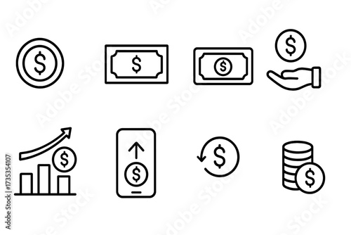 Set of money movement web icons in thin line style. Vector illustration of cash, coin, profit, send money, cash back, investment, and finance collection for business.