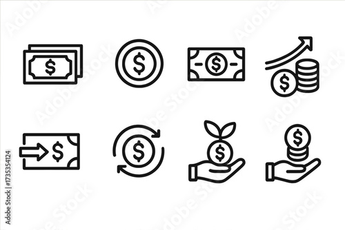 Finance and money line icon set. Vector icons of cash, coin, profit, send money, cash back, investment, payment, and collection for business, banking and web design.
