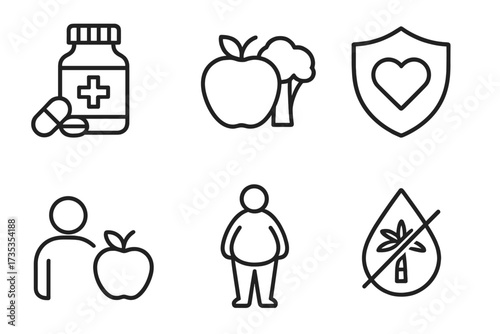 Nutrition and health vector line icon set. Concepts of a healthy diet, food, medical treatment, obesity, and palm oil free ingredients. Includes vitamin supplements and heart care symbols.