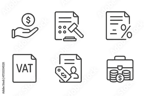 Tax line icons. Pay duties, interest rate, tax return, vat, tariff, personal tax collection concept. Financial law, auction gavel, percent, income. Business vector icons.