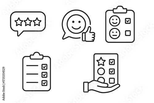 Survey and feedback line icon set. Customer review, satisfaction poll, and quality test symbols. Contains icons as rating star, checklist, vote, opinion form, and thumb up.