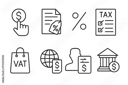 Tax and finance line icon set. Concepts of payment, duties, interest rate, tax return, VAT, tariff, and personal income tax. Vector collection for web design, banking, economy.