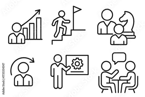 Personal growth icon set. Line icons for business development, career progress, strategy, coaching. Vector collection profit, tutorship, business people, meeting and goal.