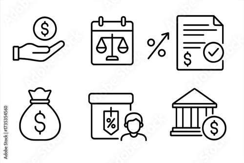 Tax web icons in thin line style. Financial symbols collection. Pay, duties, interest rate, tax return, vat, tariff, personal tax, banking, income, payment, deadline.
