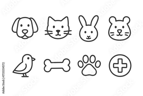 Pets icon collection in simple line art style. Vector set including dog, cat, rabbit, hamster, bird, bone, and paw print. Veterinary, vet clinic, and pet store symbols.