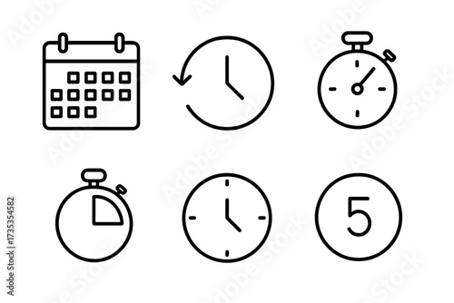 Time and clock line icon set. Collection of simple outline symbols for web design. Includes calendar, schedule, timer, stopwatch, countdown and deadline concepts. Vector pictogram pack.