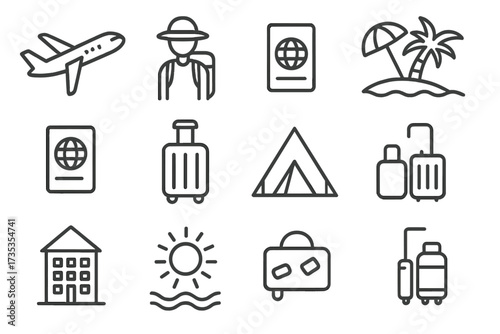 Travel and tourism line icon set. Vector collection of outline symbols for web and mobile. Includes airplane, passport, luggage, hotel, beach, camping, and summer vacation.
