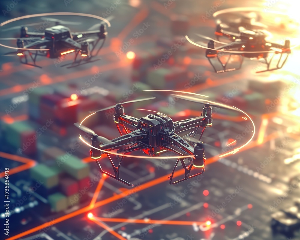 Fototapeta premium Group of drones flying over urban landscape, data streams connecting to location pins on map, red lights glowing, cargo containers, high-angle shot