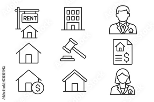 Real estate line icons collection with rent sign, commercial building, real estate agents, house, auction gavel, property sale, mortgage document, home, realtor vector illustration