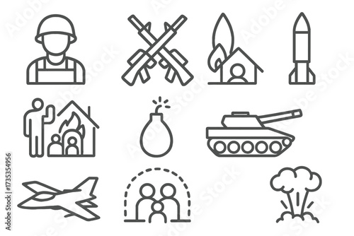 War web icons in line style. Army, battle, conflict, military, missile, refugees, bomb, tank, collection. Vector illustration of soldier, weapon, explosion and crisis.