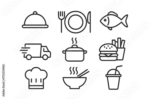 Restaurant web icons in line style, food and meal symbols including fish, delivery truck, cooking pot, fast food burger with fries, chef hat, steaming bowl and drink, vector illustration collection