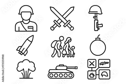War and conflict web icons in line style. Army, battle, military, and refugee crisis symbols. Collection includes soldier, missile, bomb, tank, explosion, and swords. Vector.
