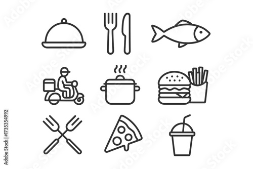 Restaurant web icons in line style including food meal fish delivery cooking fast food pizza burger fries drink utensils cooking pot set collection vector illustration transparent background