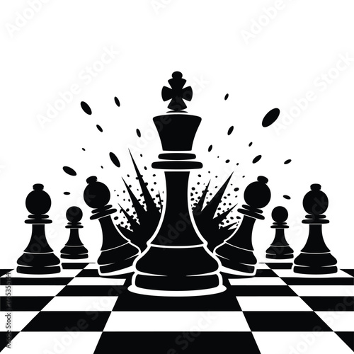 Black chess pieces arranged on a board with explosive background