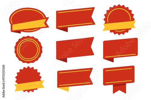 Set of red and yellow sale badges and quality tags, template banners for shopping promotions, special offer labels, discount stickers, Black Friday sale vector illustration