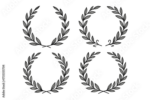 Set of vintage black laurel wreath vector illustrations with circular foliate branches, hand-drawn decorative leaves, swirls, ornate elements, award design accents, classic botanical decor