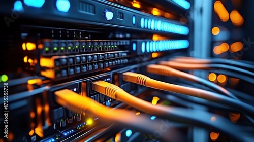Close-up of network switch rack with glowing blue and orange LED lights and multiple yellow Ethernet cables plugged in, conveying advanced technology and connectivity