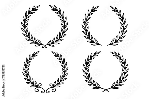 Vintage laurel wreaths set, circular foliate branches hand drawn vector, decorative laurel leaves with elegant swirls, classic award and ornamental design elements collection