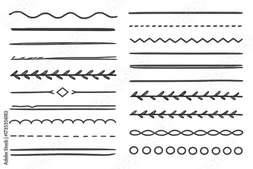 Hand drawn vector line borders and dividers collection, doodle design geometric vintage style, pencil stroke underlines and decorative textured lines for graphic projects