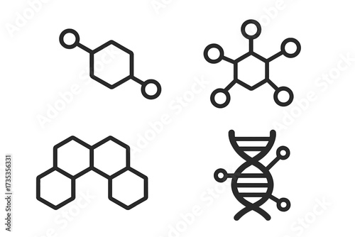 Set of molecular structure icons, hexagonal connected molecule badges, medical DNA double helix diagram, chemical and genetic vector illustration, scientific labels and symbols