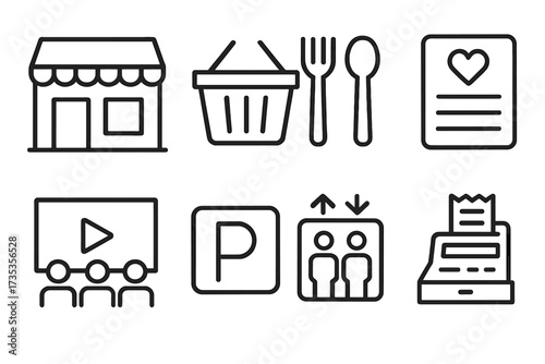 Shopping mall web icons in modern line style vector set including store, shopping basket, food court utensils, wish list heart, cinema screen, parking sign, elevator, and cash register collection