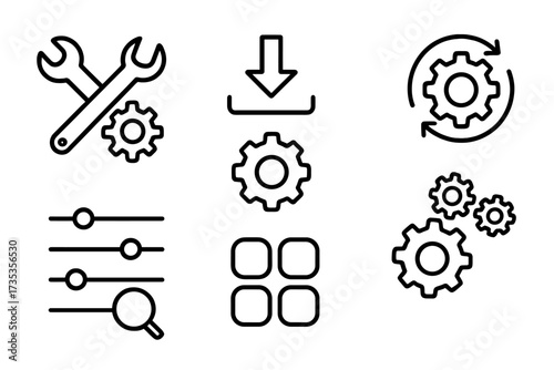 Setup and settings web icons in line style with options, download, update, configuration, gears, optimization, and collection symbols, vector illustration graphic