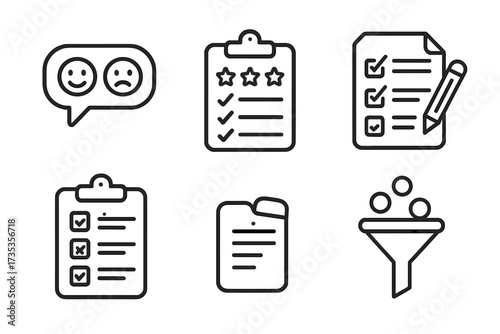 Survey and feedback icons set in modern line style. Opinion poll, customer review, exam checklist, data collection, rating stars, evaluation form, filter process vector illustration