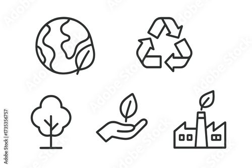 Sustainability and Ecology Web Icons Set in Line Style, Recycle Symbols, Nature Conservation, Green Factory, Environmental Protection, Eco-Friendly Concepts Vector Illustration