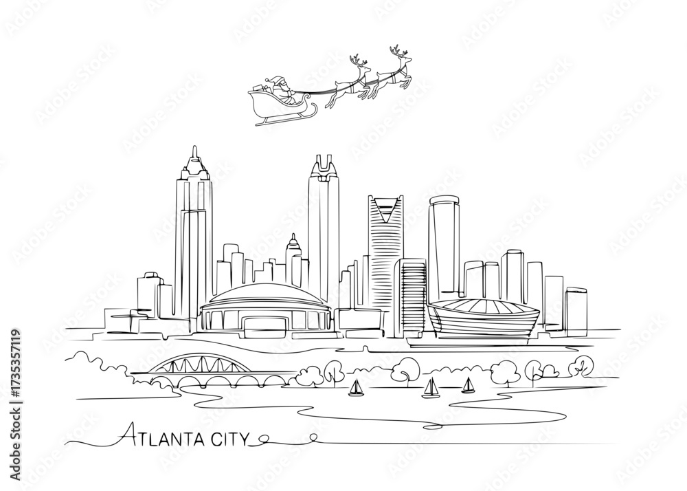 Obraz premium Atlanta Festive Christmas with Santa Sleigh Line Art