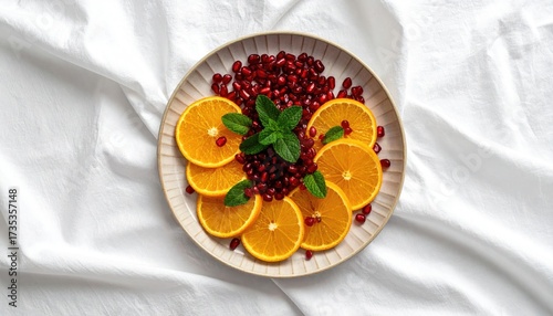 Vibrant Fruit Plate with Orange Slices Pomegranate Seeds and Mint Sprigs on Textured White Cloth Background Flat Lay