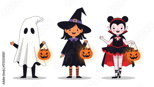 Halloween Trio of Characters: A charming illustration depicts a festive gathering of Halloween figures: a ghostly apparition, a whimsical witch, and a cute vampire. Each character.
