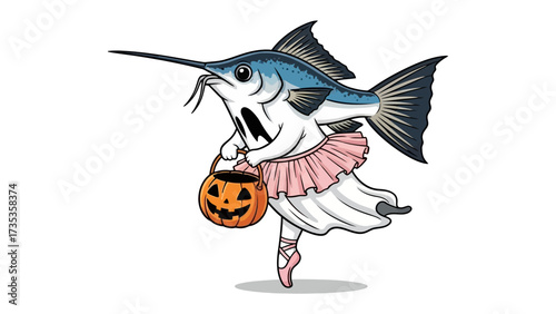 Spooky Dancing Fish: A whimsical illustration of a swordfish dressed in a Halloween ballerina outfit, joyfully pirouetting with a jack-o'-lantern.