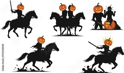 WebHeadless horseman with flaming pumpkin head, spooky rider on black horse carrying sword, gothic Halloween horror silhouette vector illustration design