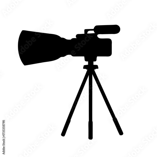Black silhouette of a professional camcorder on a tripod against white