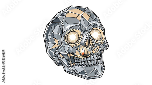 Geometric Skull Illustration: A strikingly artistic geometric skull, constructed with precisely cut facets of metallic silver. The hollow eye sockets glow with an inner light, radiating a subtle.