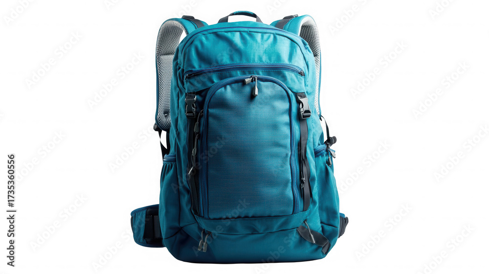 Fototapeta premium Teal hiking backpack isolated on transparent background for outdoor activities