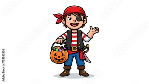 Pirate Halloween: A cheerful cartoon pirate, complete with eye patch, bandanna, and sword, gleefully offers a basket overflowing with colorful candies, perfectly embodying the spirit of Halloween.