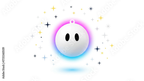 Mystical Sphere: A captivating visual of a whimsical sphere, adorned with two minimalist eye-like features, levitating amid a radiant halo of light, all set against a dark background.