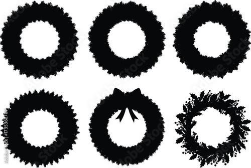 Christmas wreath silhouette clipart, festive holiday icons, black and white vector decorations, bow and berry elements, seasonal foliage designs, winter celebration graphic assets