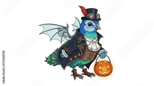 Steampunk Peacock Costume: A vividly illustrated peacock transformed into a charming steampunk character, adorned in an elegant costume complete with a top hat, goggles, and a pumpkin-shaped lantern.