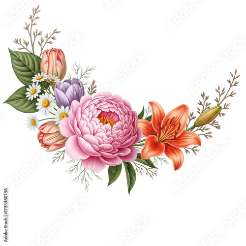 Beautiful floral arrangement peony lily tulip blossom wedding invitation decorative element