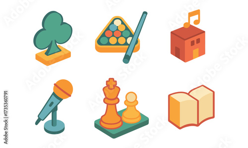 Colorful isometric icons: billiards, chess, music, reading, gaming, and singing