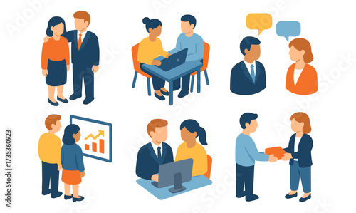 Collaborative office scenes featuring colleagues in isometric style
