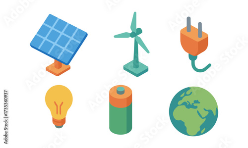 Renewable energy icons set highlighting solar, wind, and sustainable power solutions in isometric style