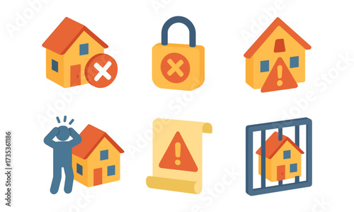 Home foreclosure and security icons in isometric style with caution signs