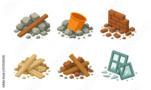 Isometric construction materials set with bricks, concrete, wood, windows, and bucket